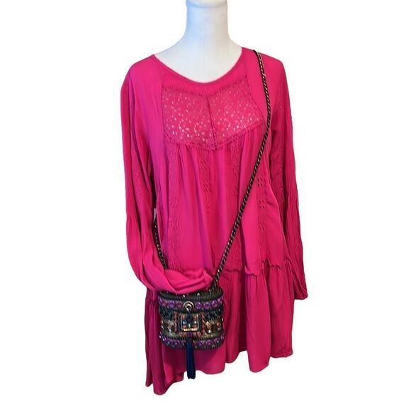 NWT Adiva bright pink LS mini dress or tunic keyhole flowy flouncy ruffles lace - Picture 5 of 16